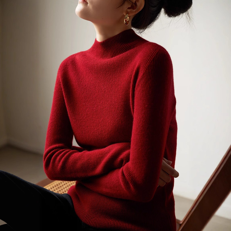 SS STUDIO Happy New Year Early Autumn Seamless Red Half-turtleneck Sweater Women's Inner Base Shirt