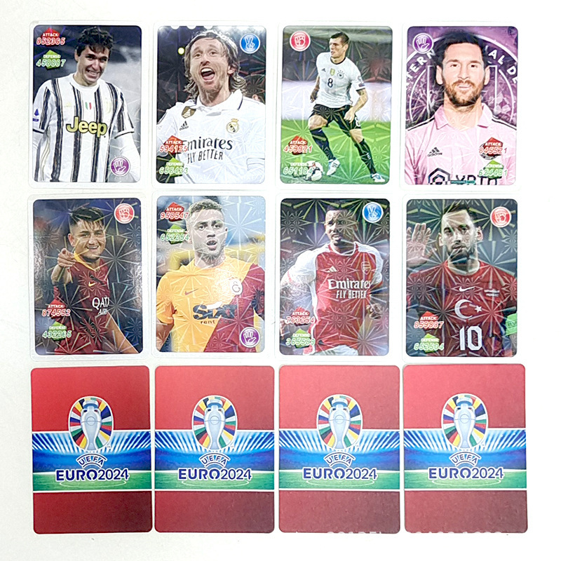 Tarjetas de fútbol estrella de la Copa del Mundo de dibujos animados Europa League Tarjetas de estrellas periféricas Tarjetas de inglés 36 paquetes de tarjetas láser
