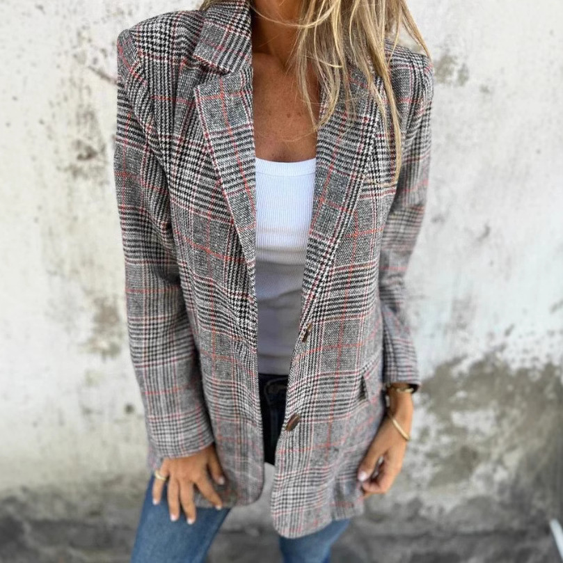 Saco Blazer con Estampado Pata de Gallo de Poliéster con Solapa para Otoño e Invierno