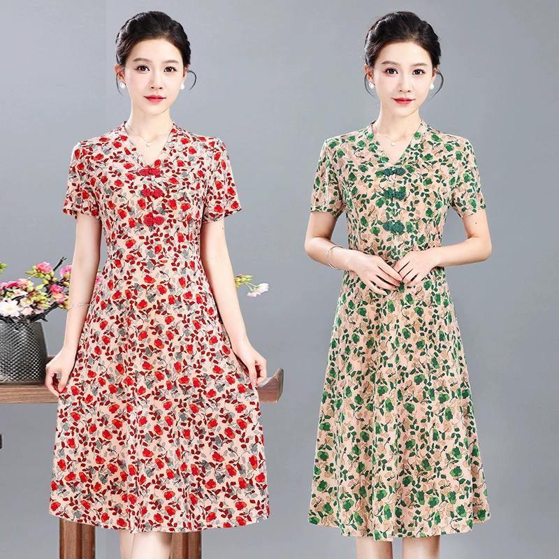 Новое летнее стильное платье для женщин среднего и пожилого возраста, элегантная юбка с короткими рукавами большого размера с цветочным принтом для мамы, закрывающая живот и придающая стройный вид.