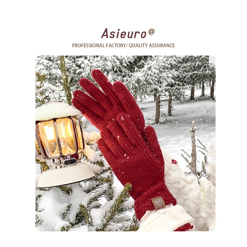 手套針織女冬季純色花邊漏指批發觸屏防風防寒騎行情侶保暖手套