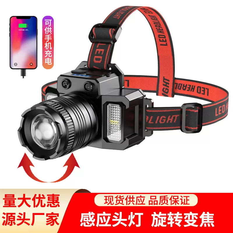 跨境F-T51角度可调焦感应COB侧灯长续航强光远射户外夜钓露营头灯