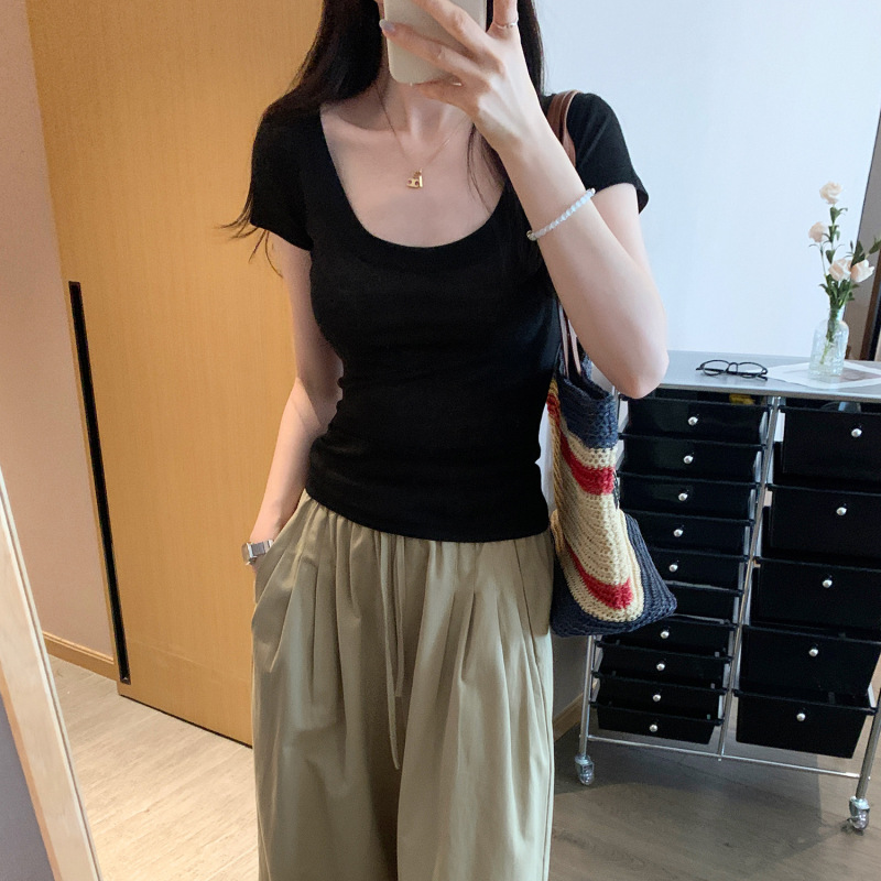 薄手の微透けラウンドネックウエスト半袖Tシャツ2025春夏新デザインスリムフィットトップ女性用|undefined