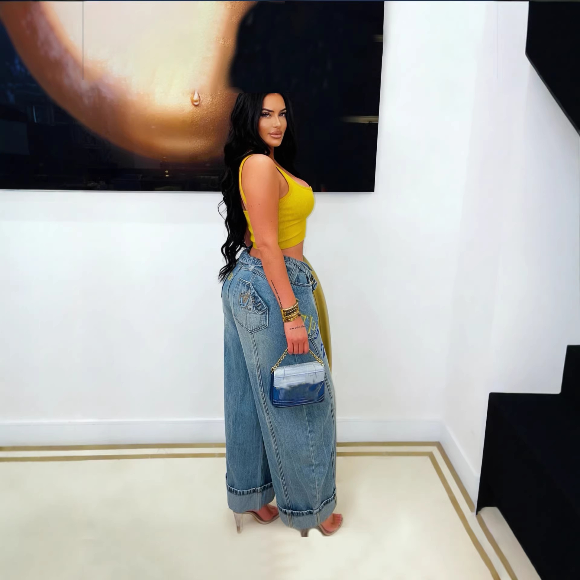 Women's Faux Two-Piece Layered Double Waist Printed Loose Wide Leg Jeans Style New_mkmklike.com