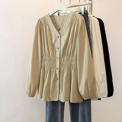 休闲风领褶皱收腰单排扣衬衣女春季大码胖妹妹洋气显瘦长袖上衣