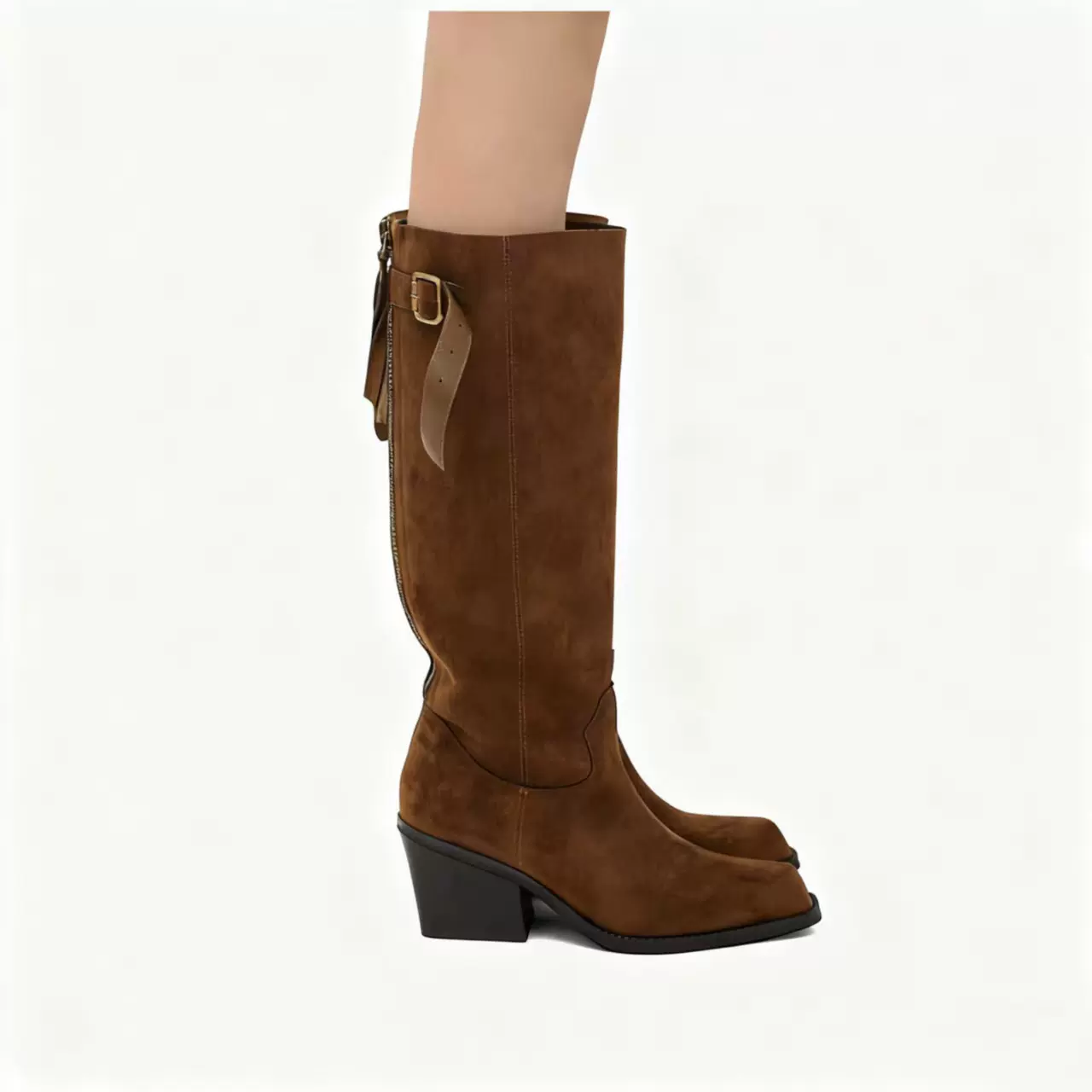 打版中小众设计辣妹风加绒骑士靴冬季新款尖头粗跟不过膝高筒长靴