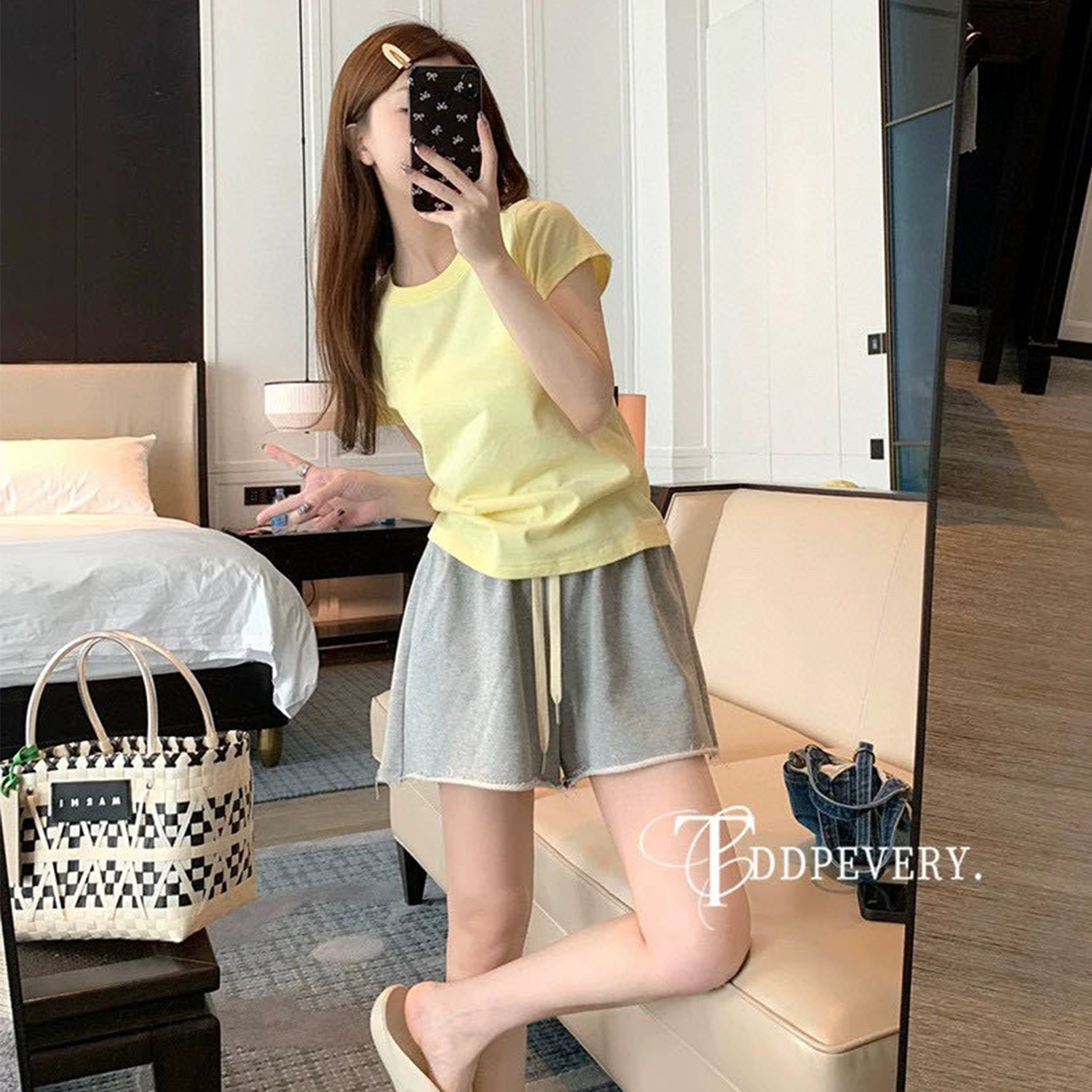 Eg*鸡蛋家大毛圈松紧腰毛边短裤女25ss夏韩系高腰抽绳运动休闲裤