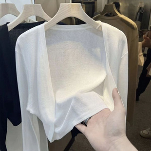 Knitted Cardigan for Women, Thin Summer Ice Silk Outer Wear, Cut Out Sun Protection Short Shawl with Suspender Skirt, Air-Conditioned Blouse