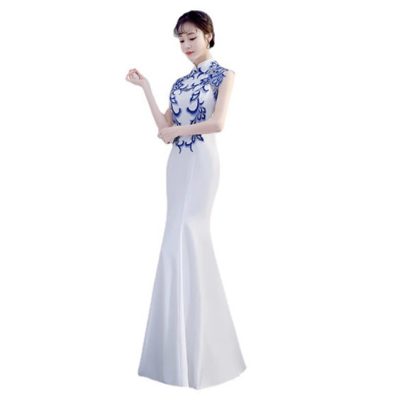 White Improved Cheongsam Fishtail Girl's Long Beauty Model Show Performance Chinese Style Evening Dress KTV