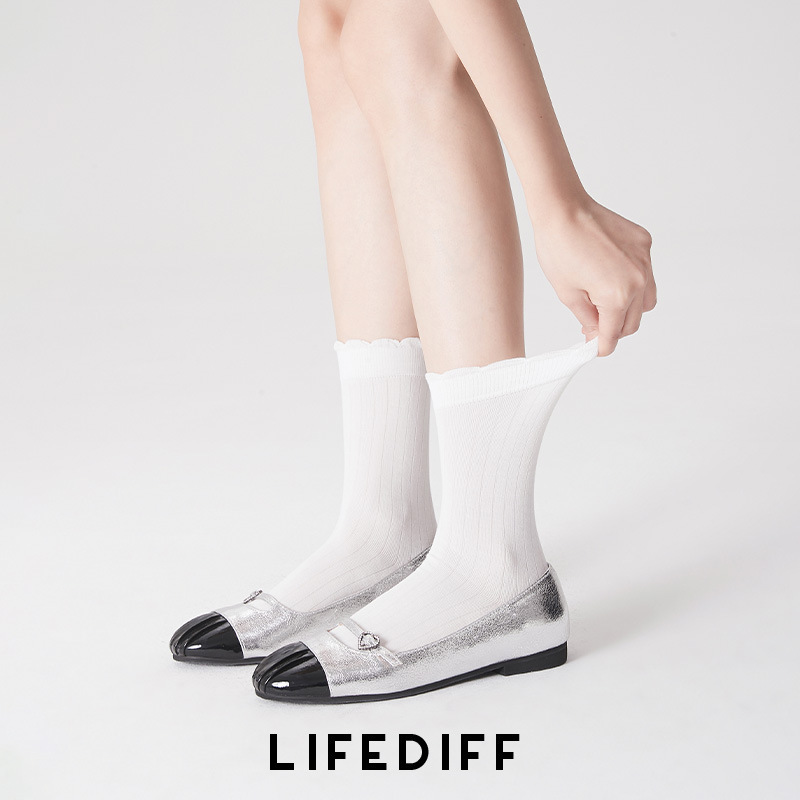 Lightweight Breathable Summer Socks light gray Spring and Summer Vertical Grain Thin Lace Mid-length Socks Women's 25234 Stockings