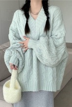 领加厚麻花毛衣女秋冬宽松外穿慵懒风设计感小众保暖针织衫上衣