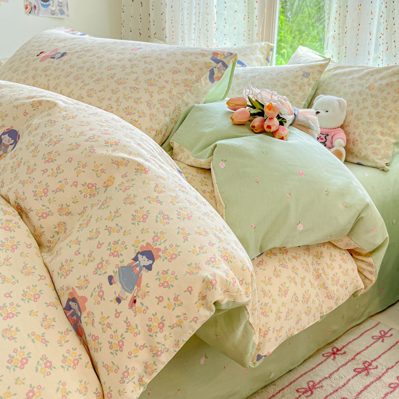 Cama de algodón de cuatro piezas, sábanas de cama de algodón, cama de cama de tres piezas, nuevo dormitorio, cama de cama de tres piezas