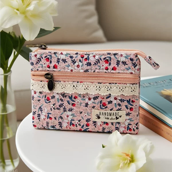 Fresh Pastoral Style Floral Double Pull 4-Layer Cotton Coin Purse Girl's Coin Bag Silver Bag Certificate Bag Card Bag