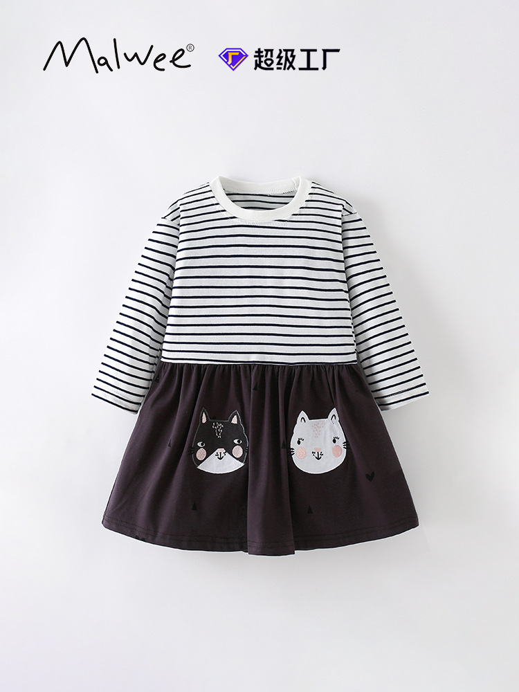 Malwee vestidos de otoño de niñas nuevos niños europeos y estadounidenses rayas de cuello redondo mangas largas falda de niña