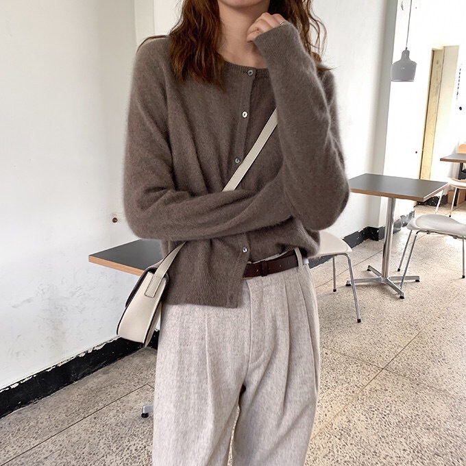 现货浣熊毛春秋新款圆领紫色短款针织小款开衫宽松外穿毛衣外套女|undefined