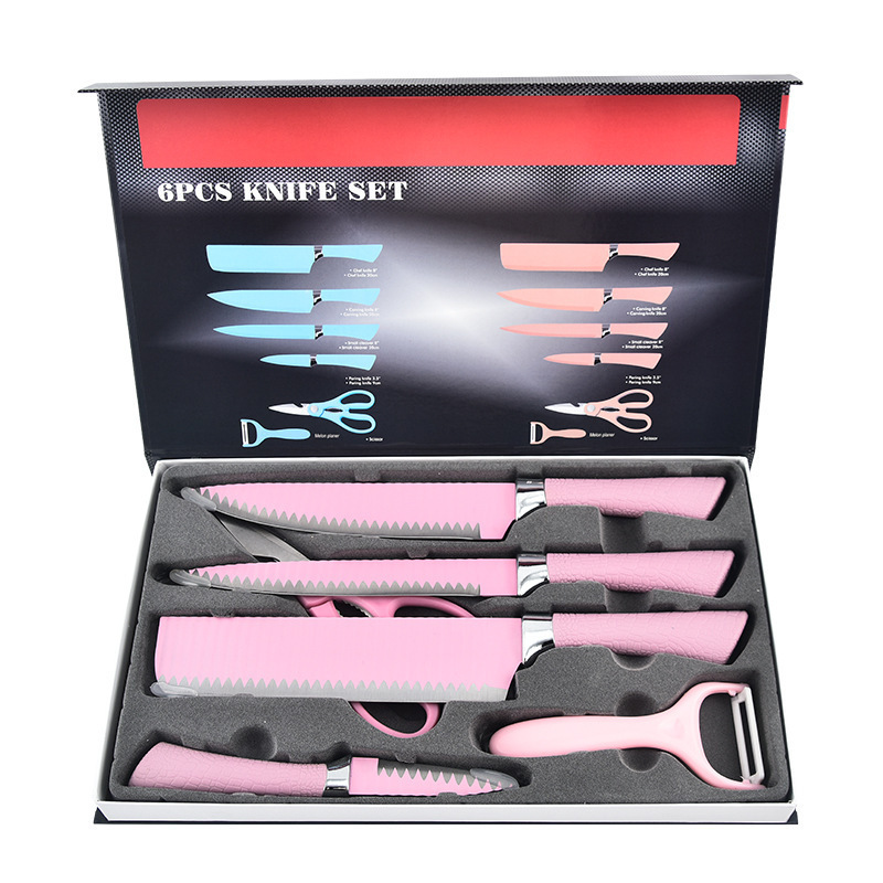 Fábrica transfronteriza mango de herradura Rosa patrón de onda cuchillo de seis piezas cuchillo de cocina de suministro directo cuchillo de pintura de acero inoxidable en stock al por mayor