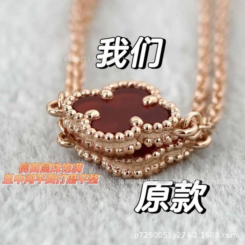 High-end V gold single-flower mini bracelet for women, thickly plated with 18K gold, four-leaf clover bracelet with silver, red agate, and white mother-of-pearl mini