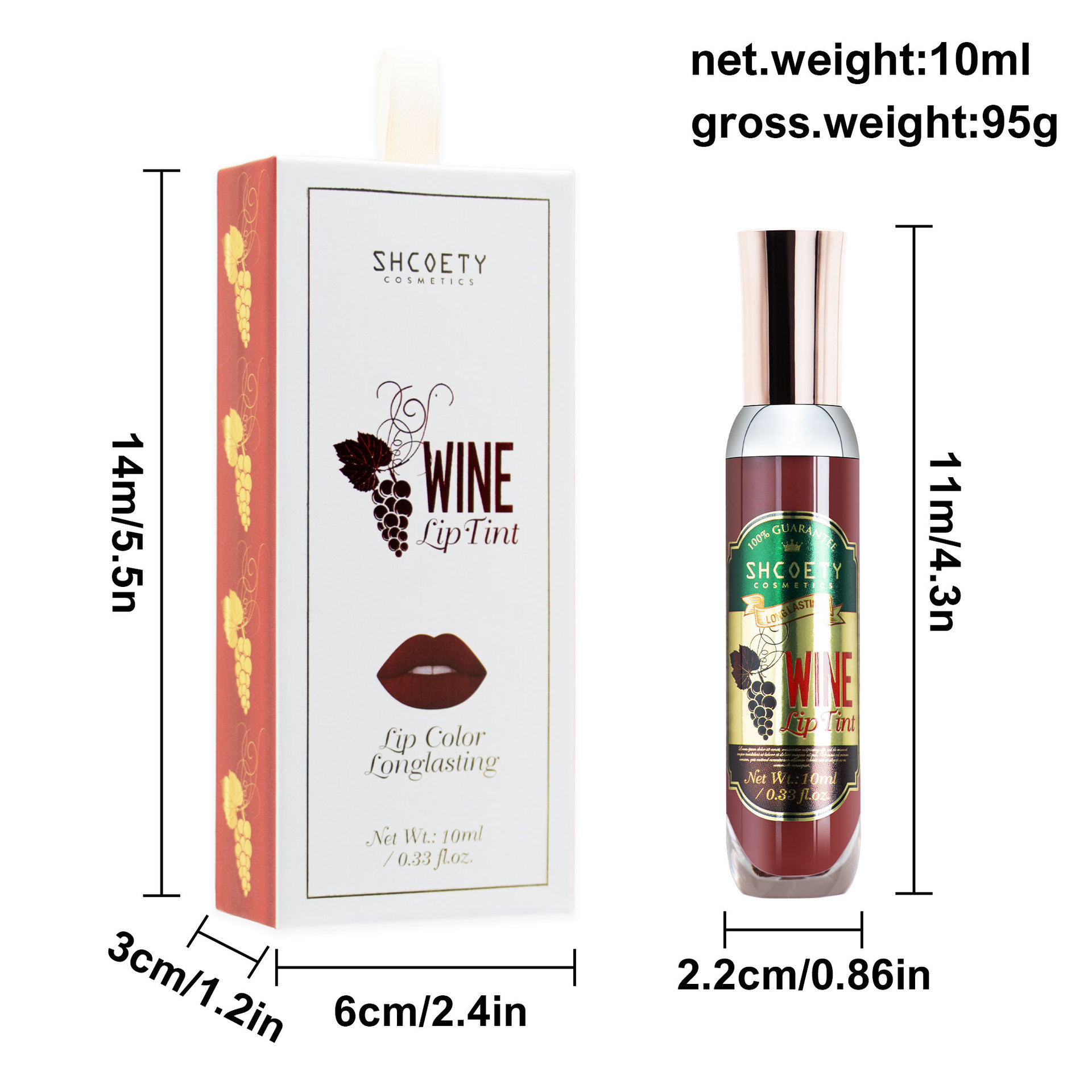 Cross-border lip gloss, red wine bottle, makeup, lip dye, non-fading lips, matte, frosted velvet lip gloss, liquid lipstick Specification drawing