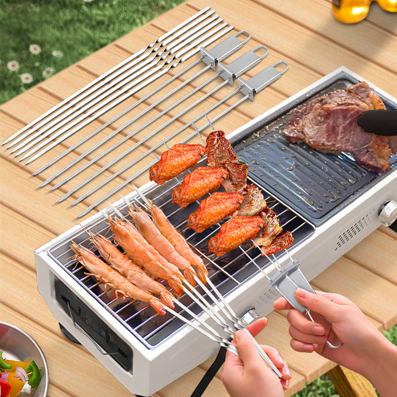Stainless steel barbecue fork barbecue flat sign barbecue stick metal kebab semi-automatic with push plate double fork barbecue skewers