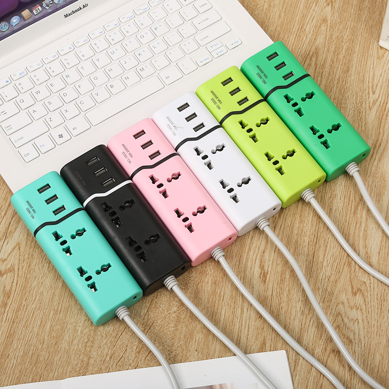 5822#中性彩盒装3USB万能孔插排插头可选欧美英插义乌外贸乌拉圭