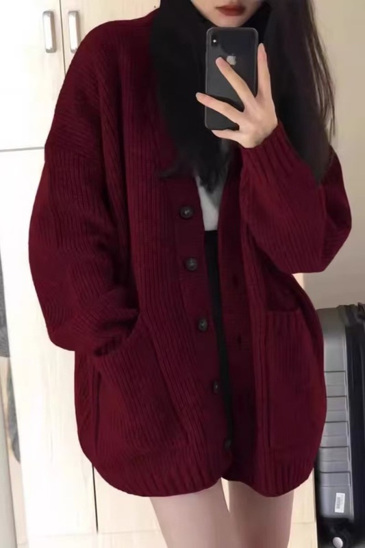 复古慵懒风V领100羊毛中长款毛衣开衫女宽松加厚大码针织上衣打底|undefined