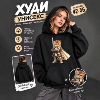 跨境欧码骑士猫咪印花连帽卫衣男女秋冬宽松大码套头帽衫外贸批发