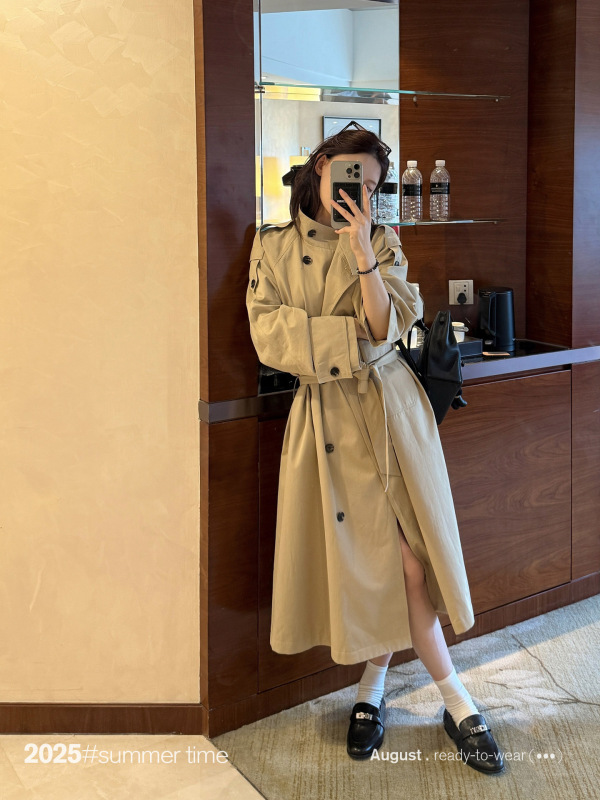 SUNONEONE经典廓形 卡其色收腰长款风衣外套女早秋韩系小个子大衣|undefined