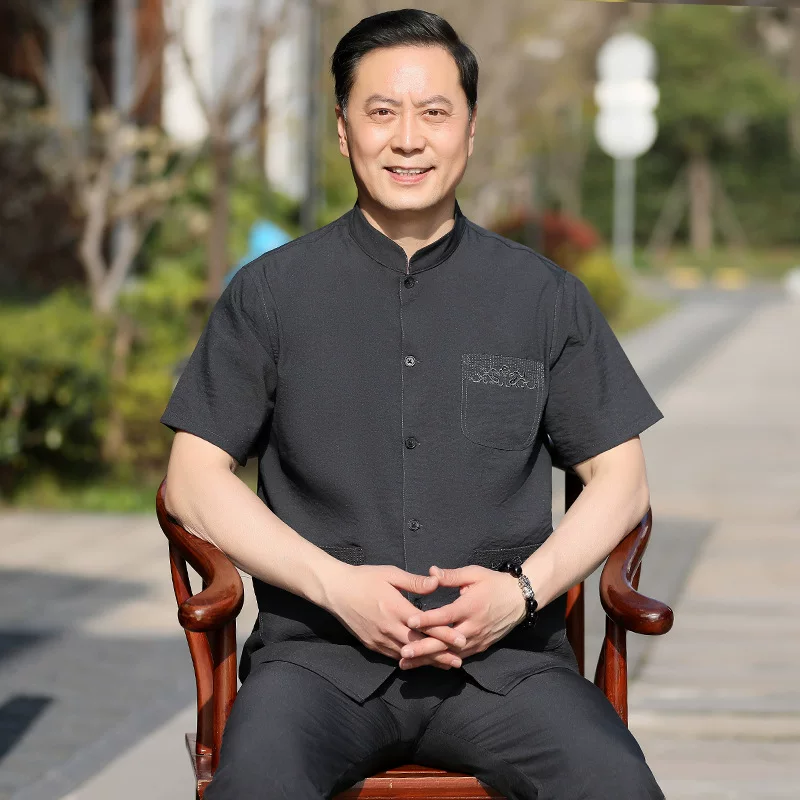 Silk set for boys for elderly, Hanfu, with short sleeve, Chinese style
