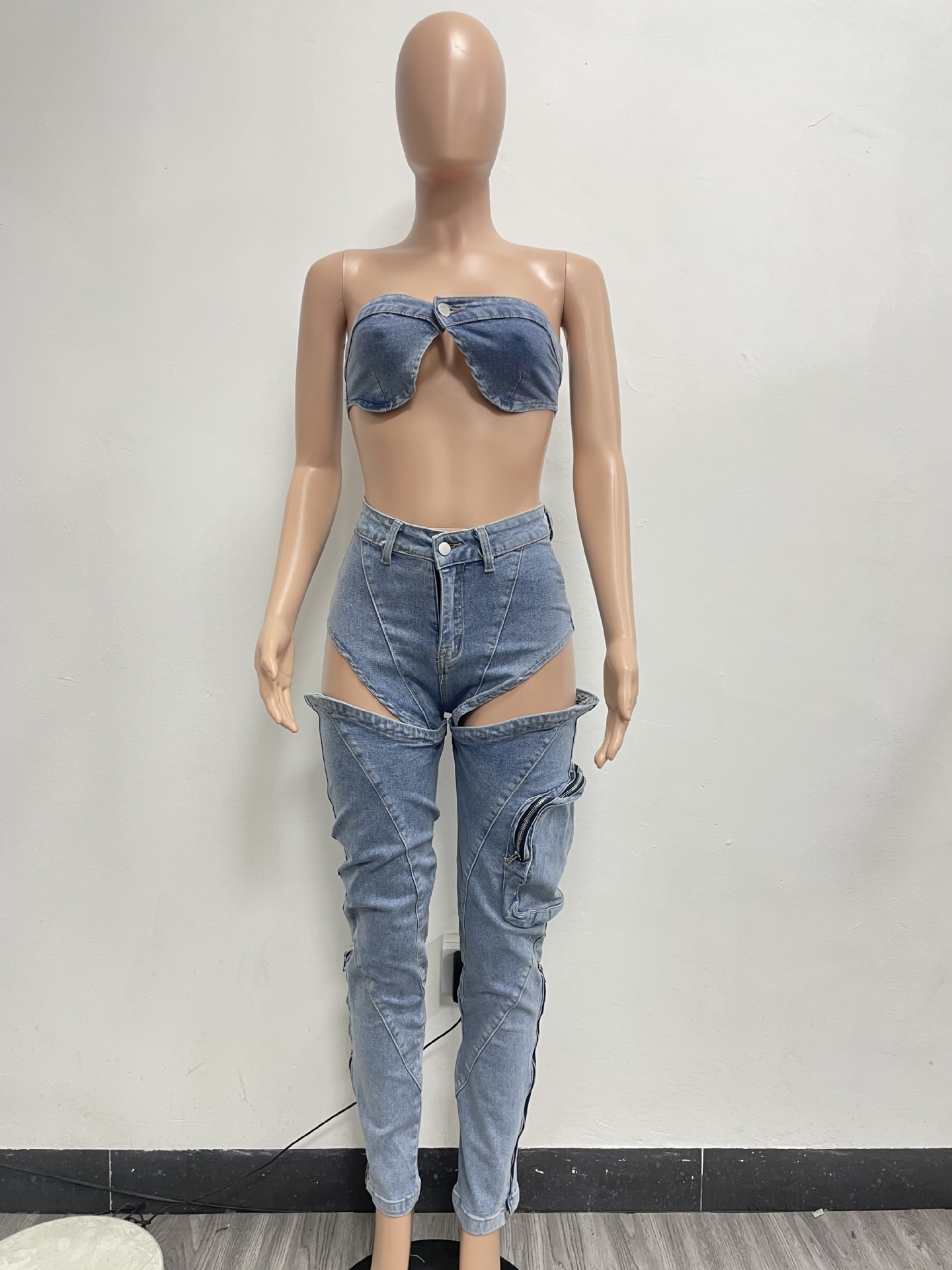 Washed Stretch Denim Special Split Zipper Three Dimensional Pocket Bandeau Sexy Set 8 Washed Stretch Denim Special Split Zipper Three Dimensional Pocket Bandeau Sexy Set