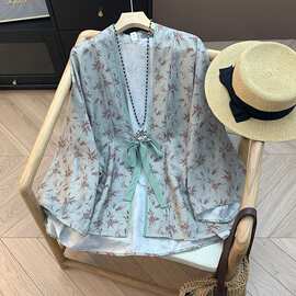清仓撤柜~新中式印花竹纹禅意女装衬衫7分袖外套春夏薄款棉麻上衣