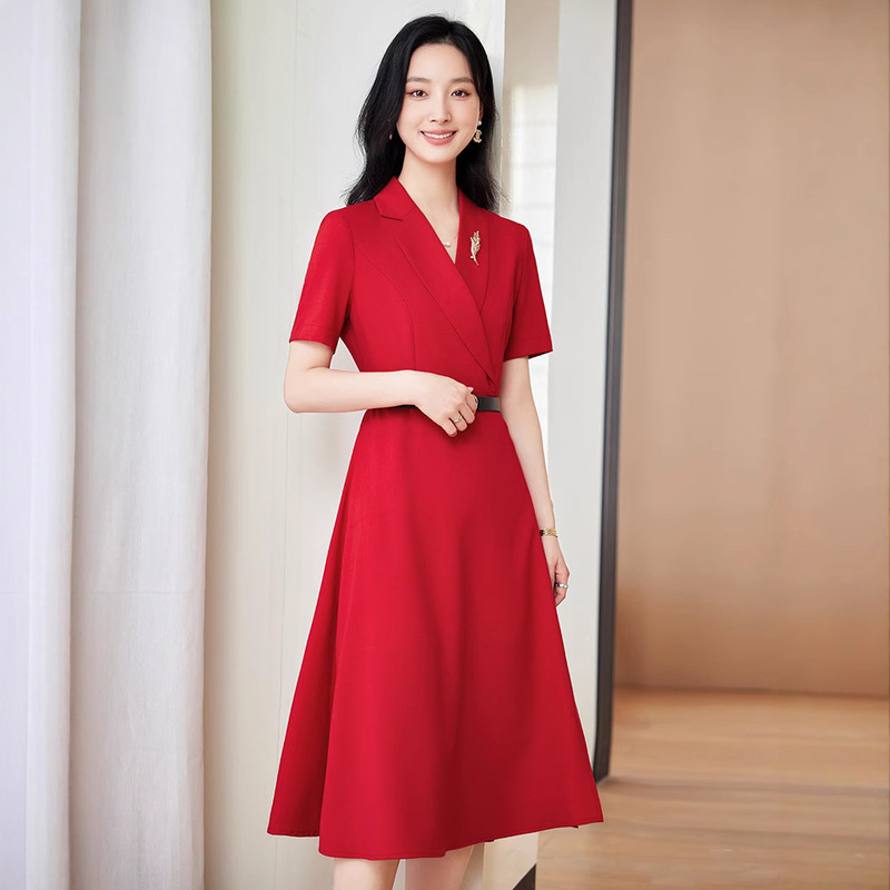Red Suit Dress for Women, Summer Formal Occasion Professional Dress, Elegant Waist-Cinching Short-Sleeve Formal Dress