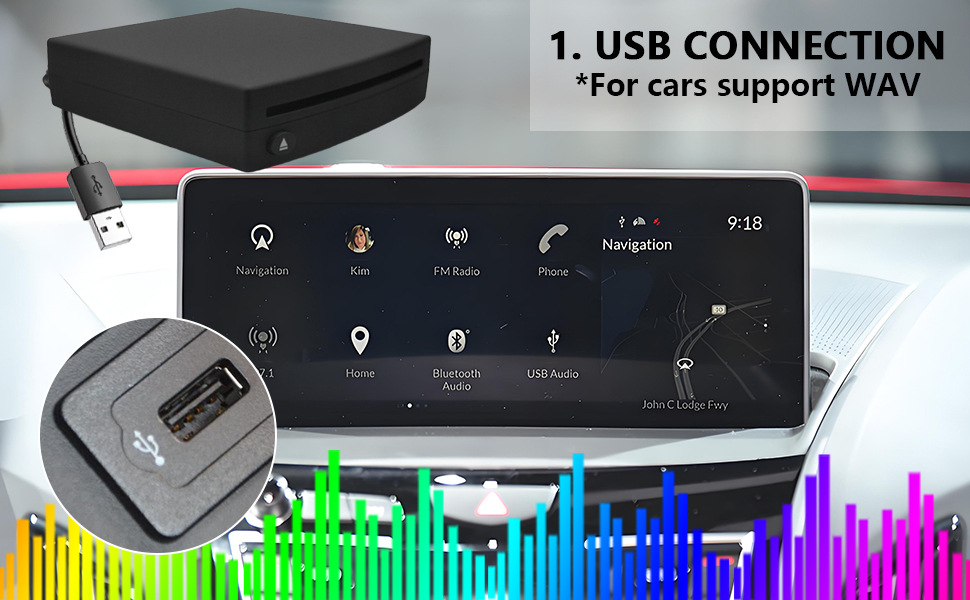 In-car CD player with USB connection, external CD player with FM transmitter and AUX output box