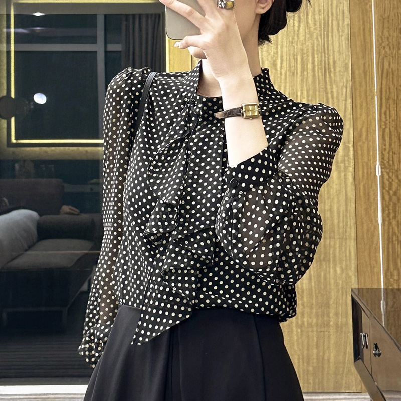 哥家商场同款女装2025秋季波点飘带设计微透长袖衬衫衬衣薄款宽松|undefined