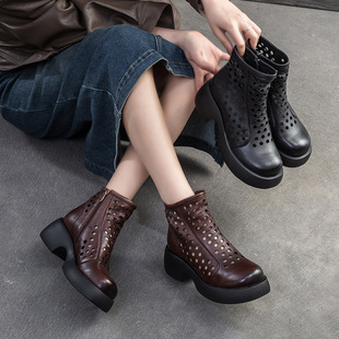 Shanghai Jie shu 2024 spring new platform heel hollow Roman sandals top layer cowhide retro style breathable women's shoes