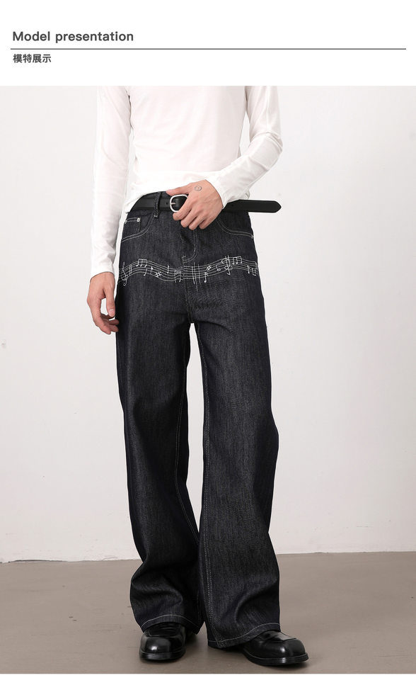Quần jeans nam màu nguyên bản thêu họa tiết nốt nhạc phong cách retro, dáng cleanfit ống rộng suông chữ A — Xanh nguyên bản chi tiết 9