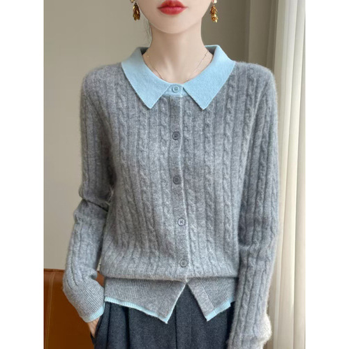 Wholesale factory POLO small corkscrew short sleeve patchwork knit women's new hooded sweater with contrasting color design