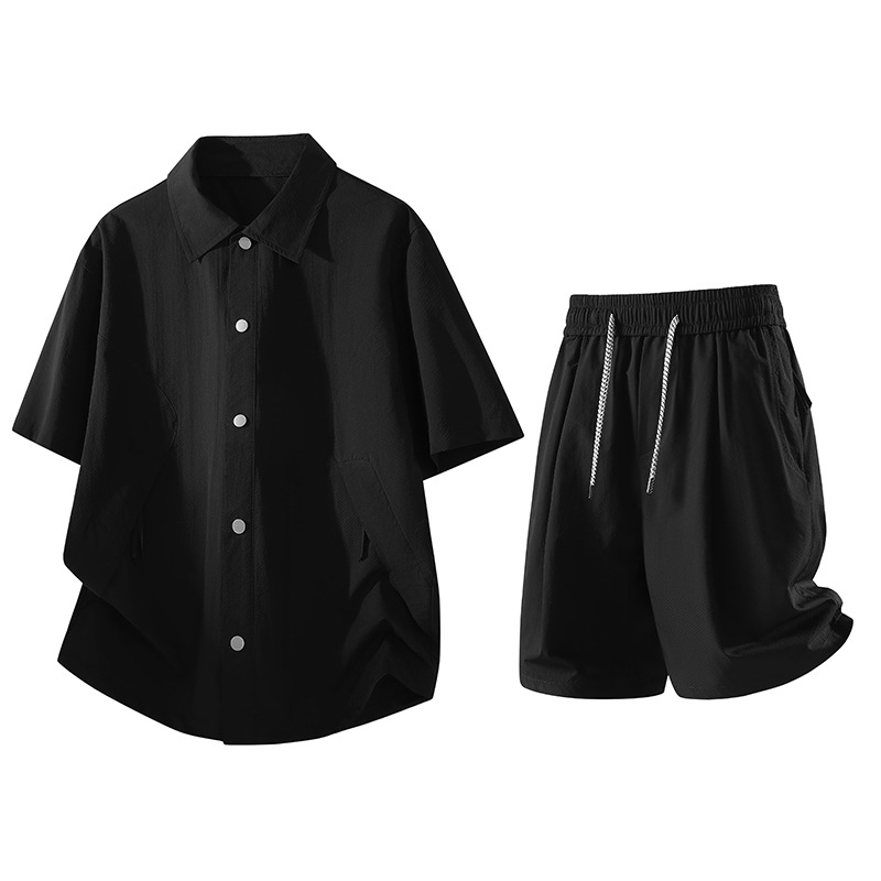 2026 New Arrival Men's Sunscreen Shirt Set - Cooling Short-Sleeve Shirt and Shorts Two-Piece Set for Teenagers - Collared Shorts
