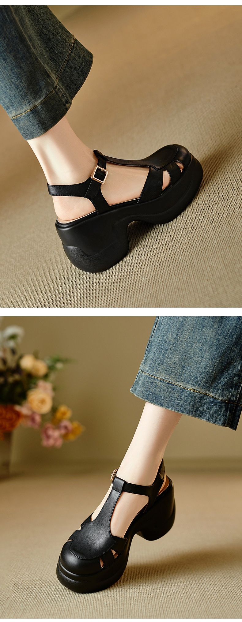 Sandal nữ quai chữ T đế xốp dày phong cách La Mã — đen chi tiết 5