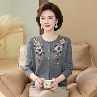 【100%纯羊毛】上衣开衫女厚款秋冬妈妈毛衣针织羊毛衫外套中老年