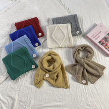 围巾韩系氛围感新款纯色麻花纽扣领巾交叉围脖针织毛线围巾批发