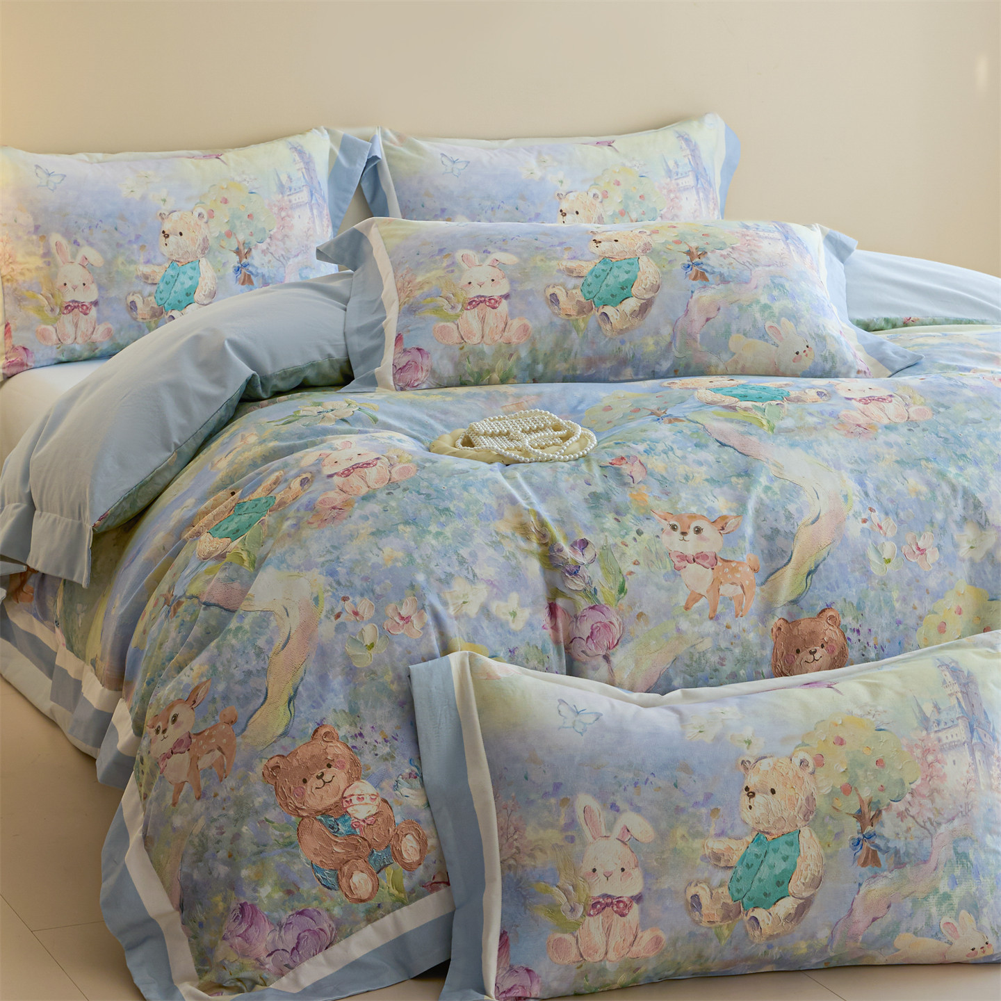 米春富安娜数码印花140支长绒棉四件套全棉纯棉被套床单款床上