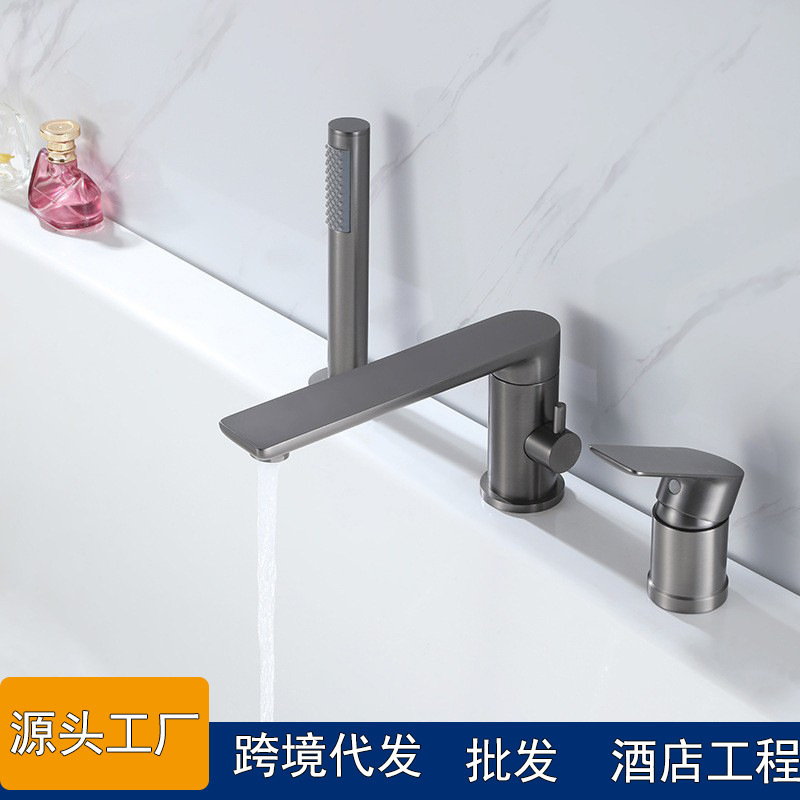 All-Copper Bathtub Faucet, Edge-Mounted Three-Hole Rotatable Extended Bathtub Countertop Basin Bathroom Three-Piece Faucet Set