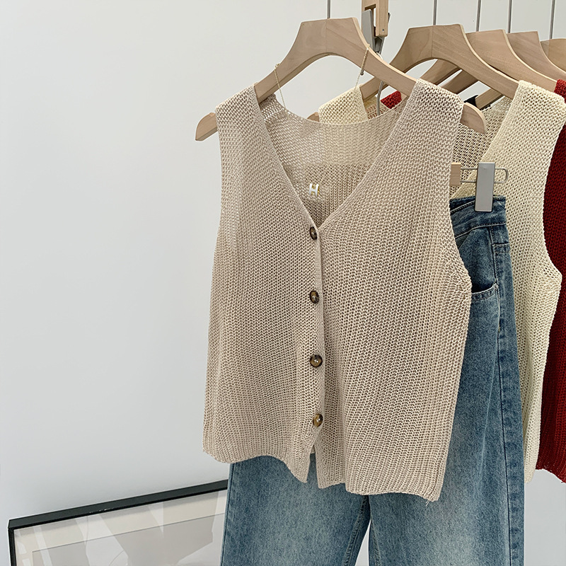 2025 Summer New Style V-Neck Knitted Vest for Women, Thin Sleeveless Cardigan, Versatile Outerwear, Chanel-Style Vest Top