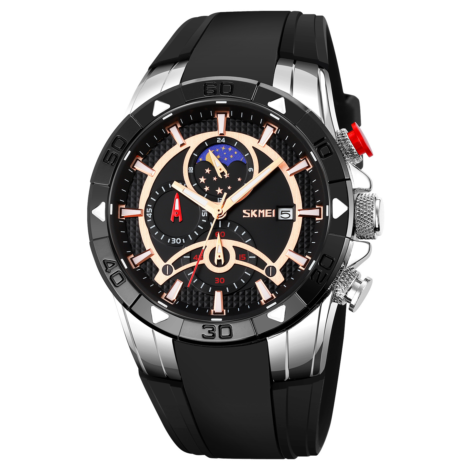 Momentos de belleza para hombres cronógrafo multifuncional de cuarzo muestra fase lunar reloj de pulsera impermeable correa de silicona reloj de deportes transfronterizos para hombres