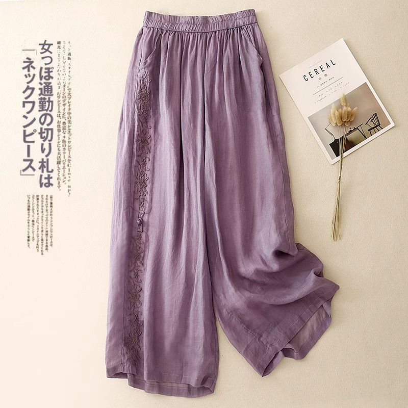 Plus-Size Cropped Wide-Leg Pants for Women, Summer Thin Breathable Retro Embroidered Elastic Waist Loose Drape Cotton Casual Pants