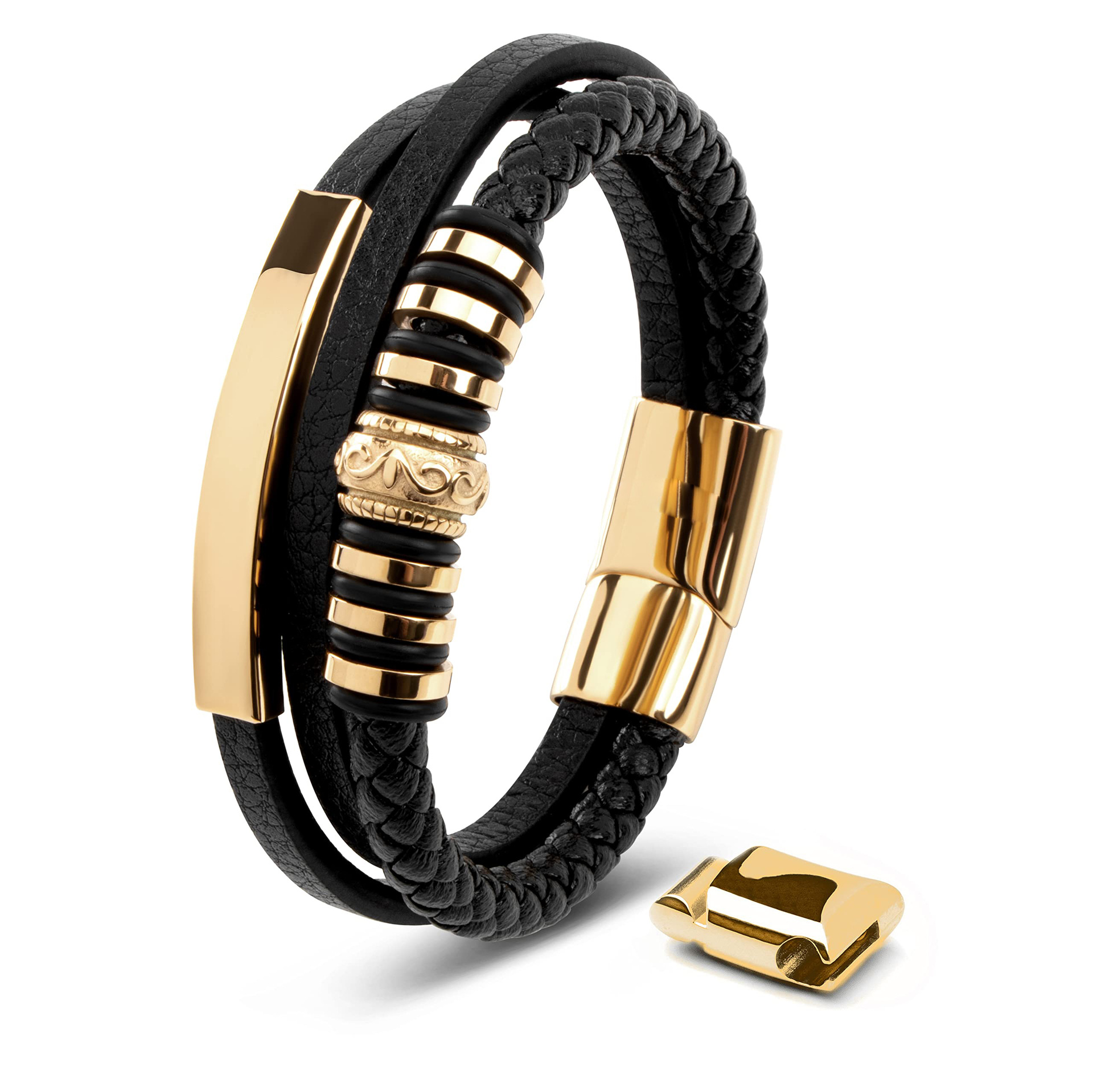 Geometric Pattern Punk Streetwear Geometric 304 Stainless Steel Pu Leather Men's Wristband Men Cord & Leather Bracelets