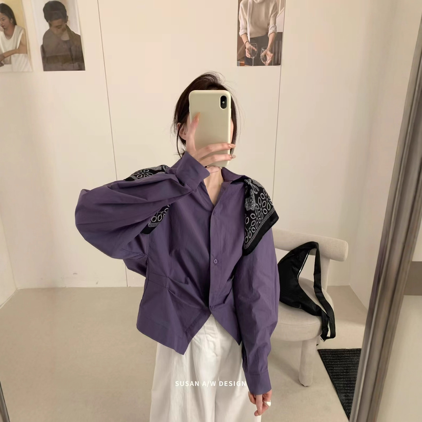苏珊 2025秋季设计感收腰显瘦百搭纯色衬衫高级感上衣配丝巾27757