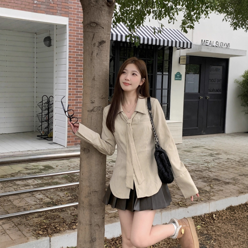 高级设计感领带款长袖衬衫女秋季大码学院风显瘦遮肚子正肩上衣|undefined