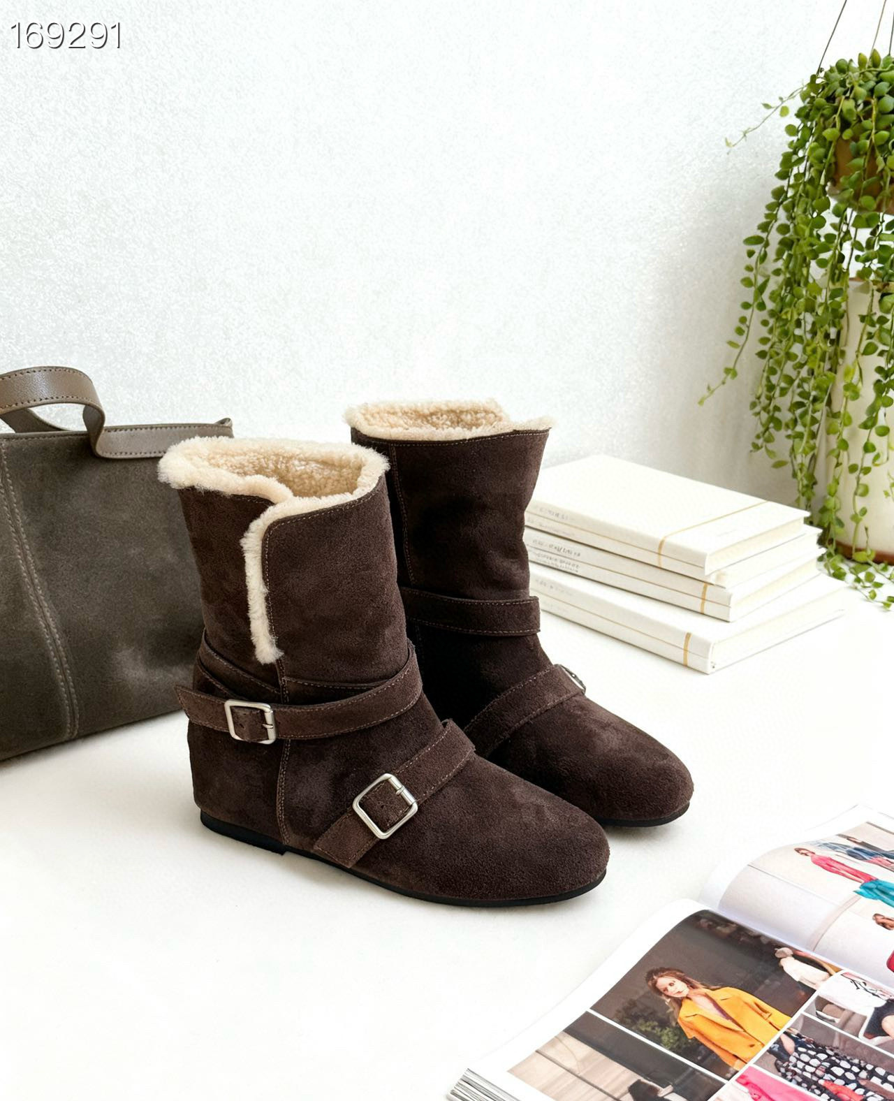 Boot cổ cao da cừu lông nhung nữ 2025 phong cách cổ điển, đế tăng chiều cao, có thể xếp cổ — Màu nâu chi tiết 7
