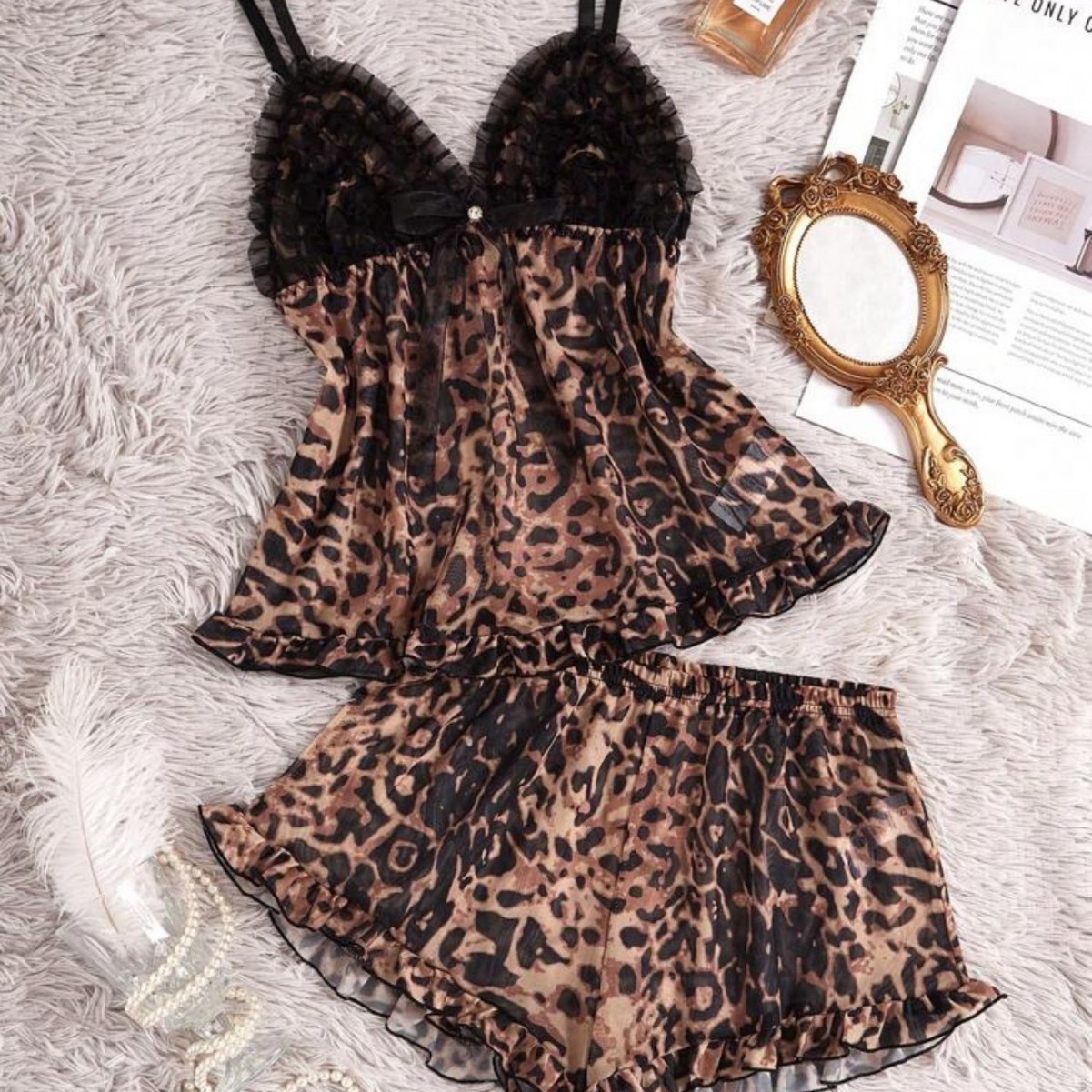 Cross-Border Foreign Trade Sexy Pajamas, Female Sexy See-Through Lace Temptation Suit, Mesh Leopard Print Suspender Shorts, Home Clothes